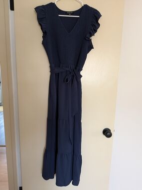 Rachel Zoe Navy Ruffle-Sleeve V-Neck Maxi Dress